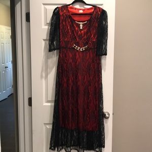Red dress with black lace overlay
